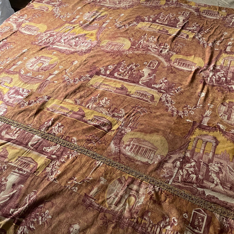 purple yellow toile de jouy fabric bedcover antique French cotton fabric le Romain scenes of Rome 