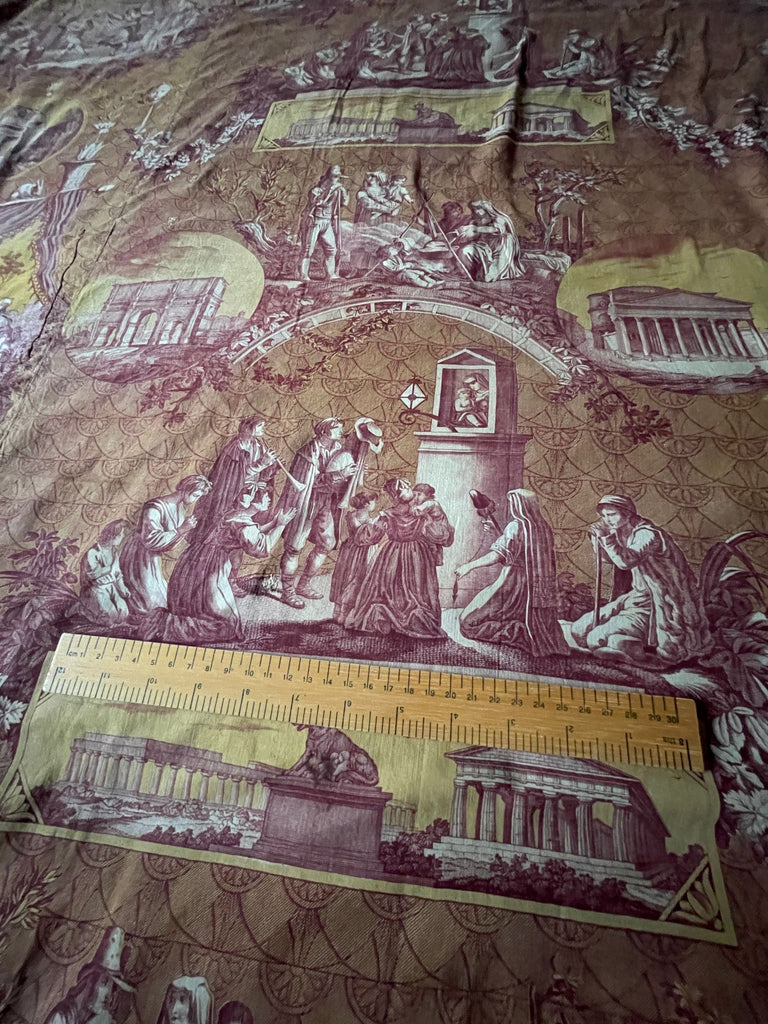purple yellow toile de jouy fabric bedcover antique French cotton fabric le Romain 