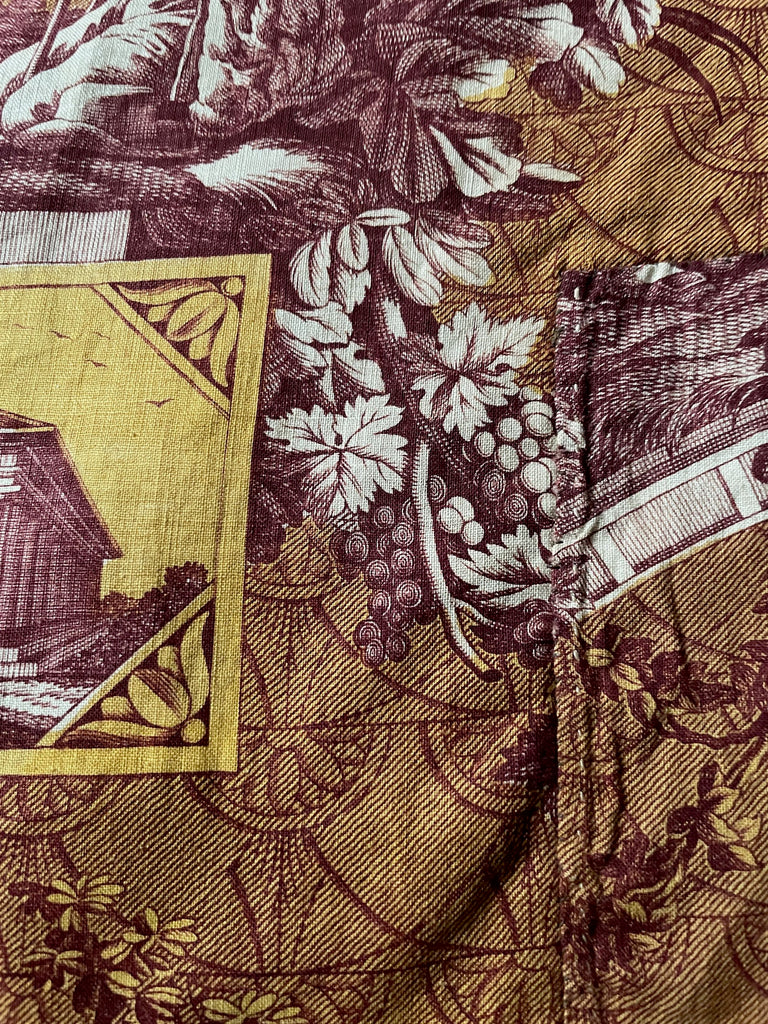 purple yellow toile de jouy fabric bedcover antique French cotton fabric le Romain 