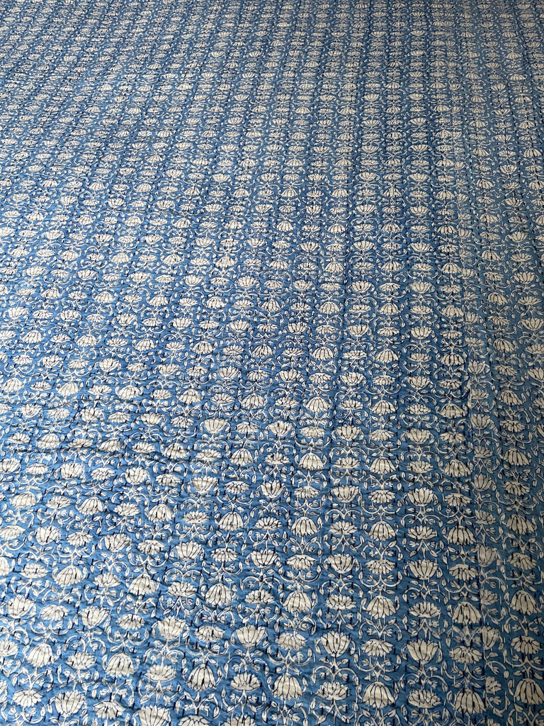 cornflower blue large kantha quilt bedspread bedcover block print reversible washable