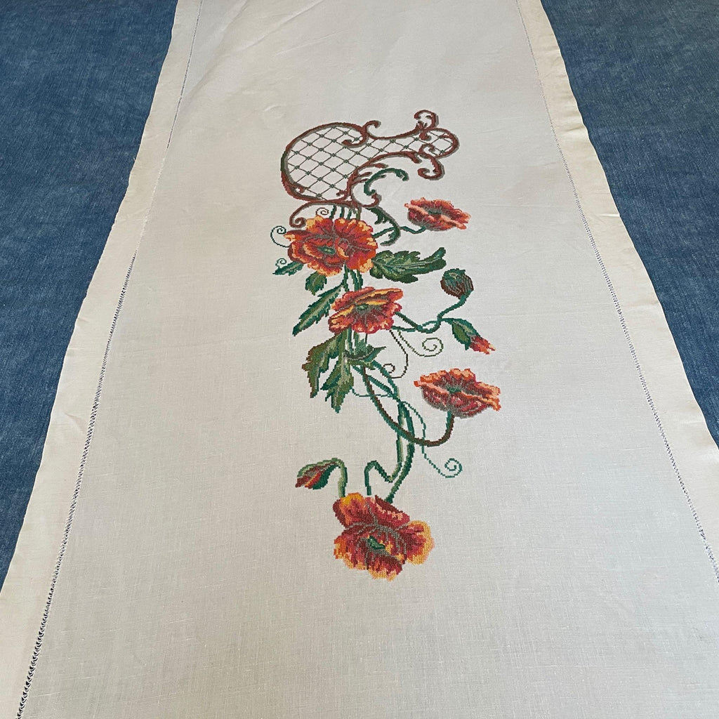 Ukrainian embroidery vintage folk textile, a beautifully hand stitched panel of poppies.