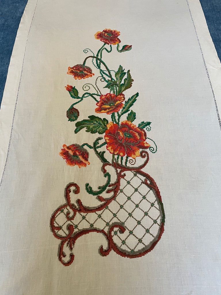Ukrainian embroidery vintage folk textile, a beautifully hand stitched panel of poppies.