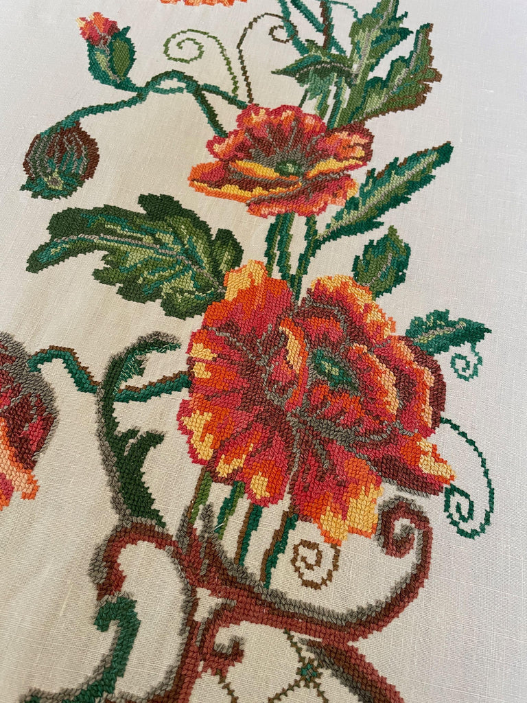 Ukrainian embroidery vintage folk textile, a beautifully hand stitched panel of poppies.