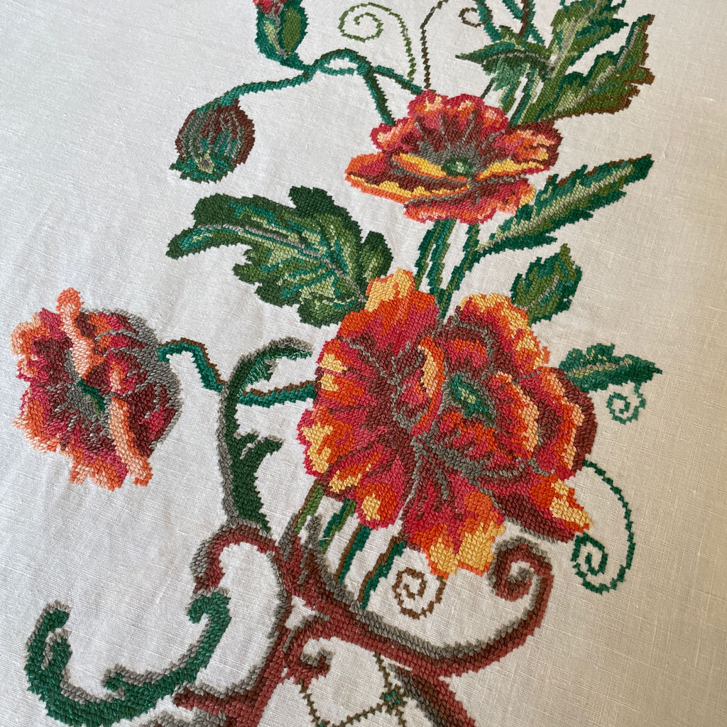 Ukrainian embroidery vintage folk textile, a beautifully hand stitched panel of poppies.
