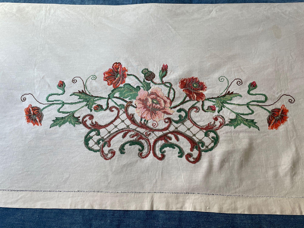 Ukrainian vintage  folk textile hand embroidered panel of poppies and leaves on fine linen