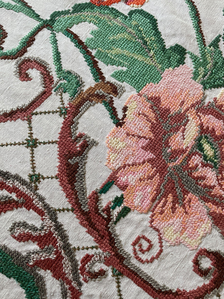 Ukrainian vintage  folk textile hand embroidered panel of poppies and leaves on fine linen