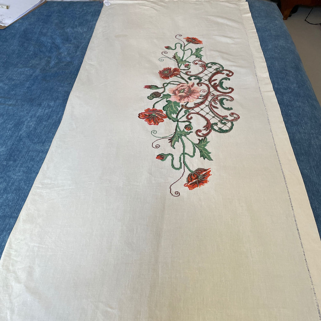 Ukrainian vintage  folk textile hand embroidered panel of poppies and leaves on fine linen