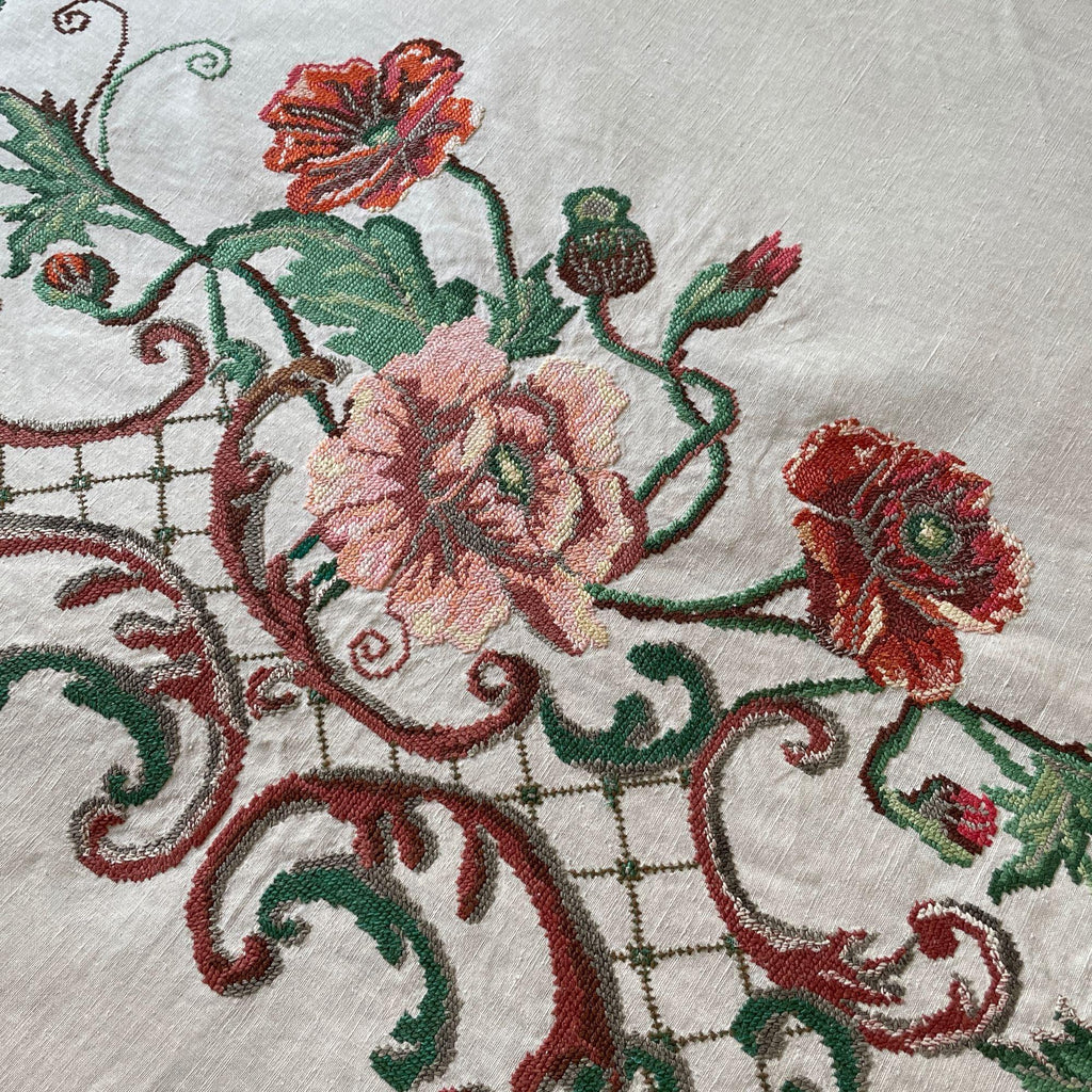 Ukrainian vintage  folk textile hand embroidered panel of poppies and leaves on fine linen