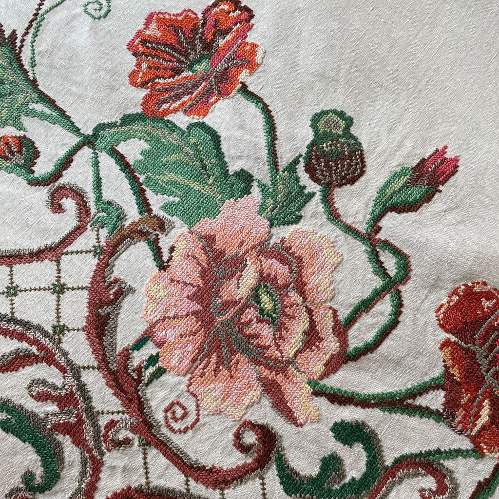 Ukrainian vintage  folk textile hand embroidered panel of poppies and leaves on fine linen