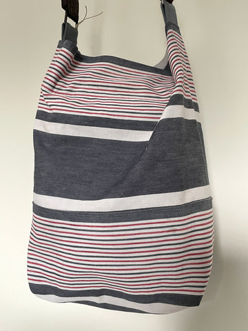 antique French navy blue ticking stripe shoulder bag hand made uk leather strap recycled materials