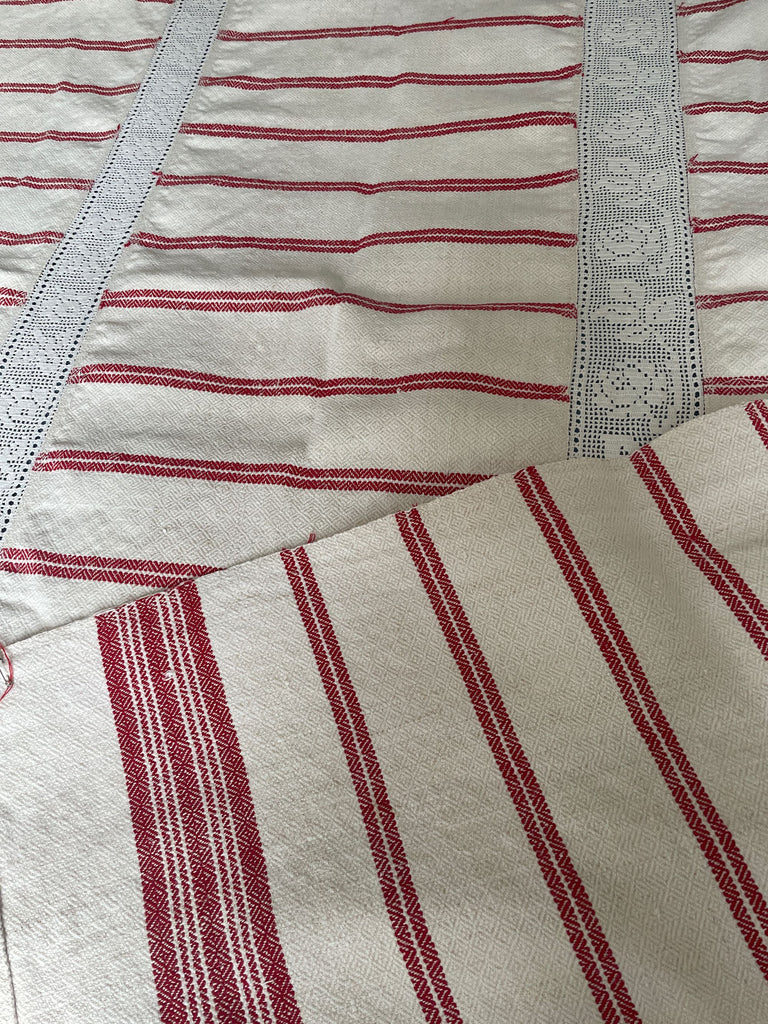 red cream white stripe hemp fabric throw upholstery cushion material vintage woven textile