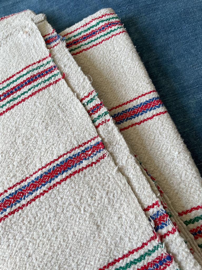 white red blue green stripe hemp upholstery fabric narrow loomed rustic vintage reversible