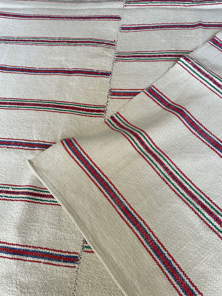 white red blue green stripe hemp upholstery fabric narrow loomed rustic vintage washable
