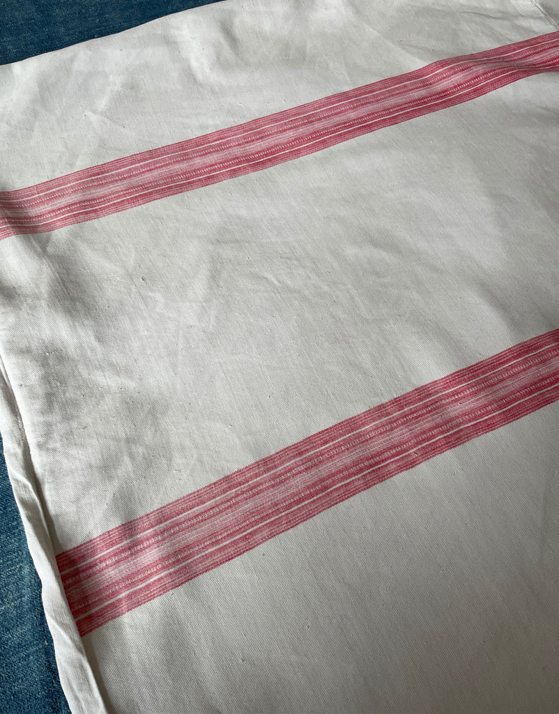 antique french linen cotton bedcover raspberry pink red stripe hemp chanvre heirloom

