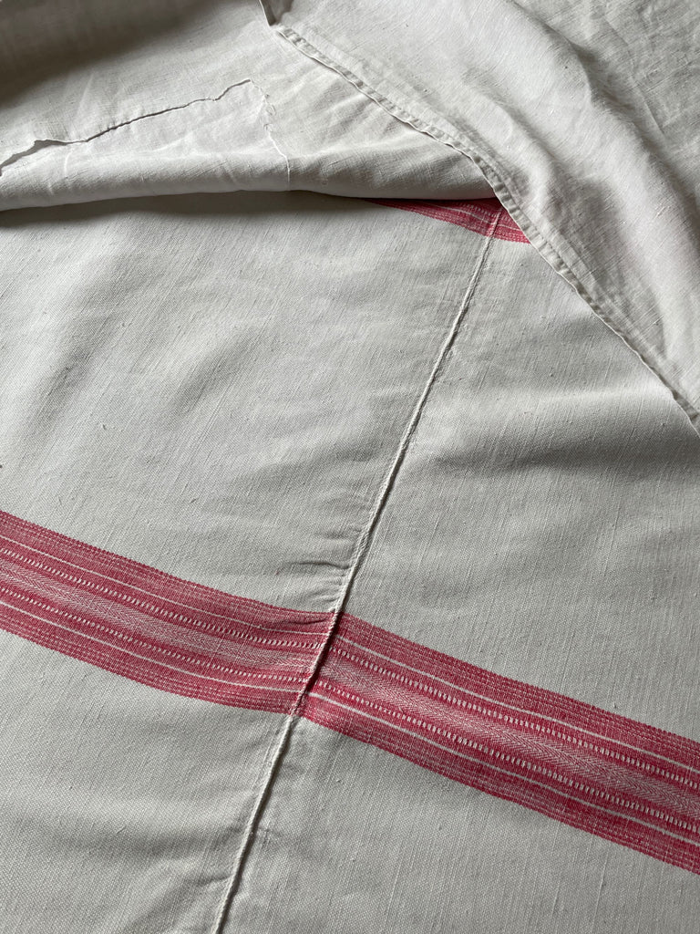 antique french linen cotton bedcover raspberry pink red stripe hemp chanvre duvet 