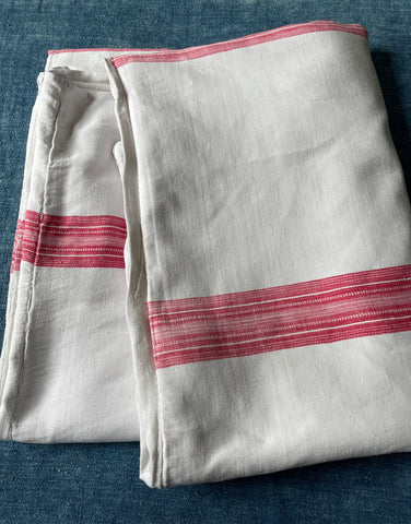 antique french linen cotton bedcover raspberry pink red stripe hemp chanvre sewing material